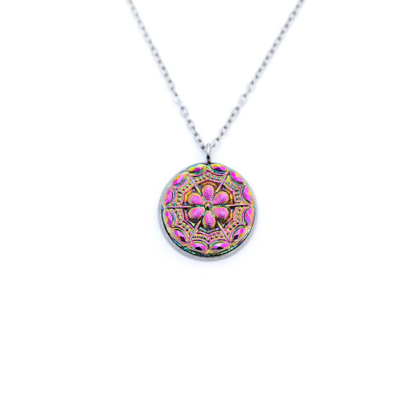 Flashy iridescent pink and green Czech glass button. Button pendant necklace.