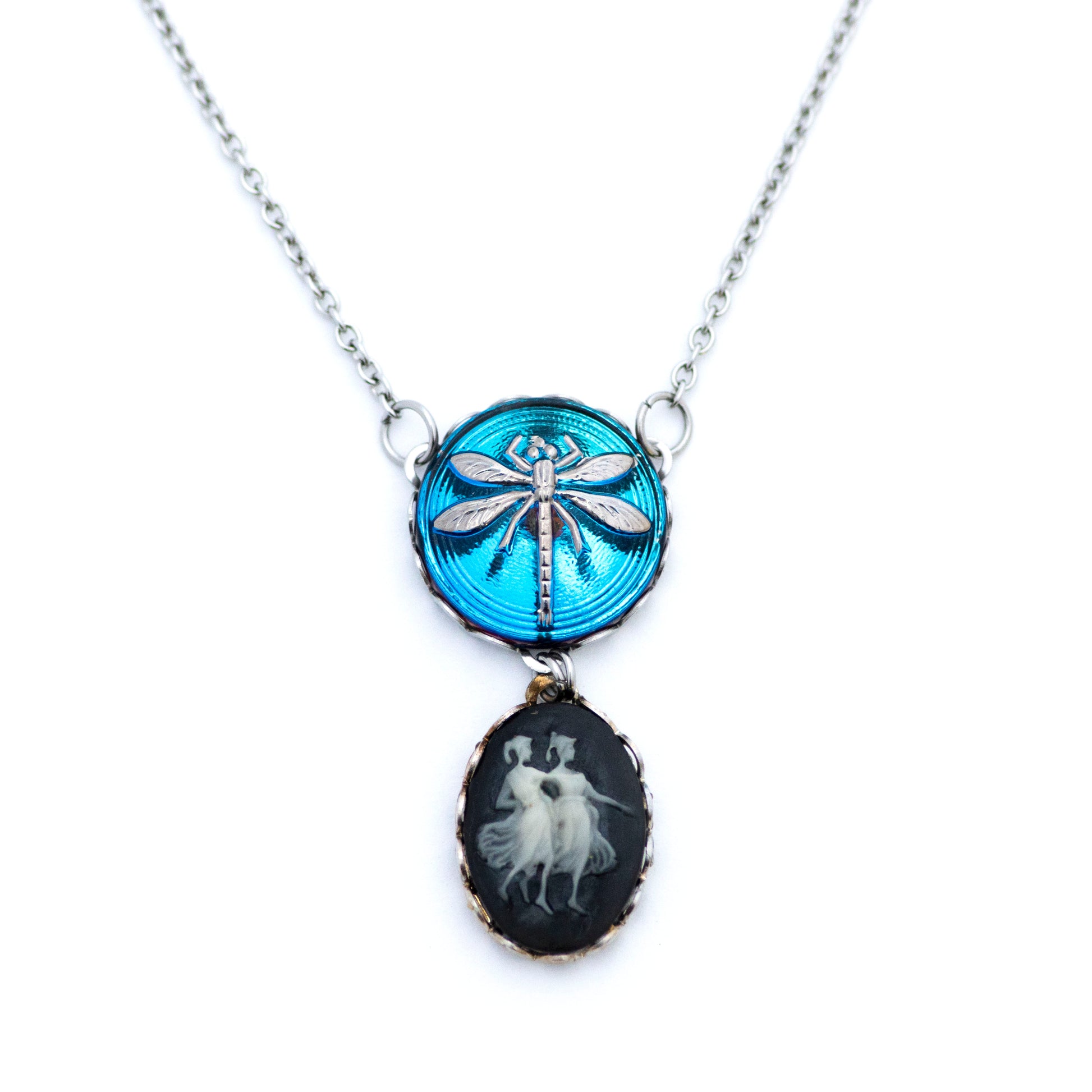 Blue and silver platinum painted dragonfly Czech glass button. Button pendant necklace. Resin black and white cameo.