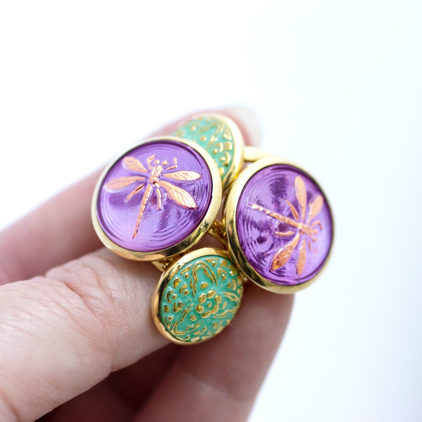 Czech Glass Button  Vermeil Ring - Purple & Gold Dragonfly