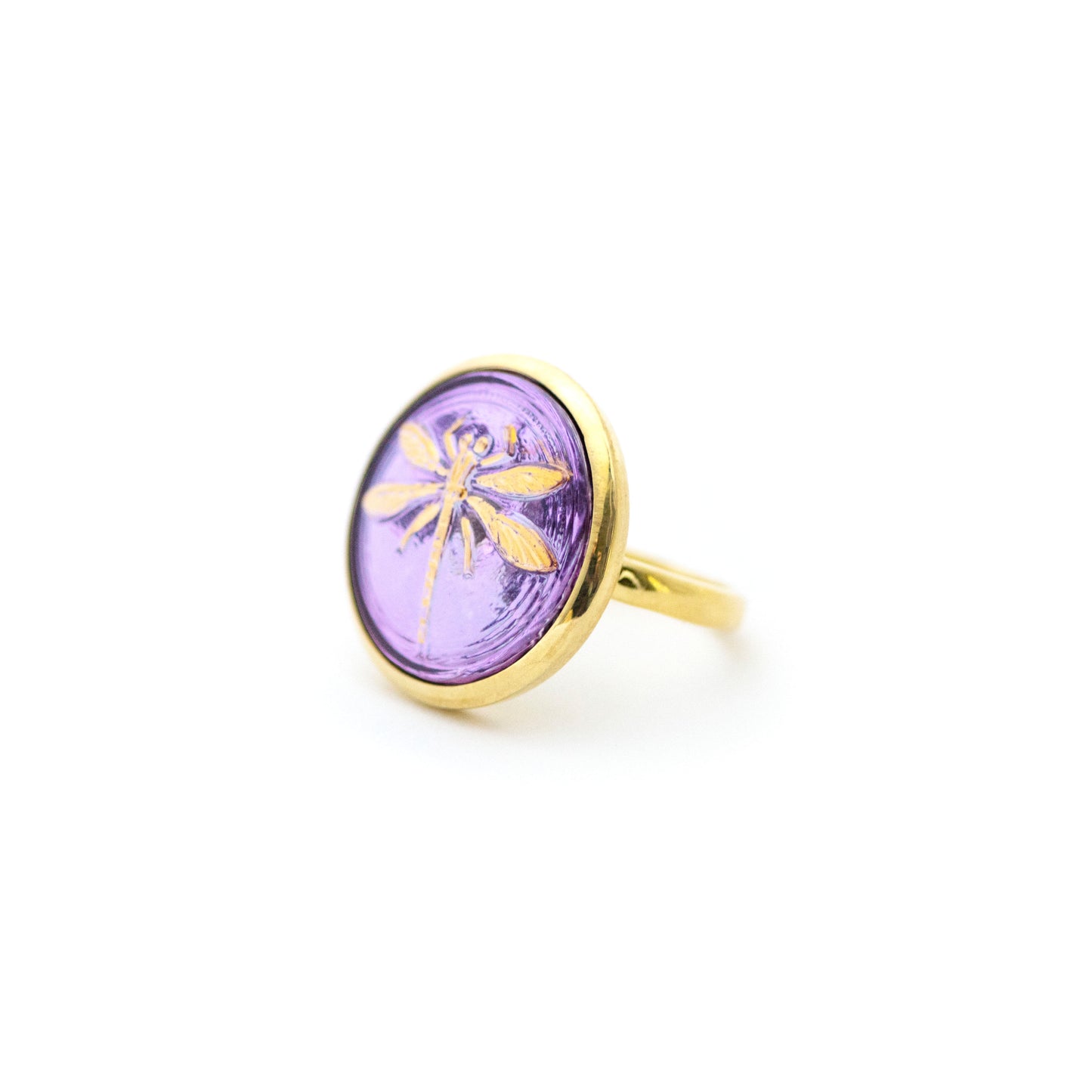 Czech Glass Button  Vermeil Ring - Purple & Gold Dragonfly