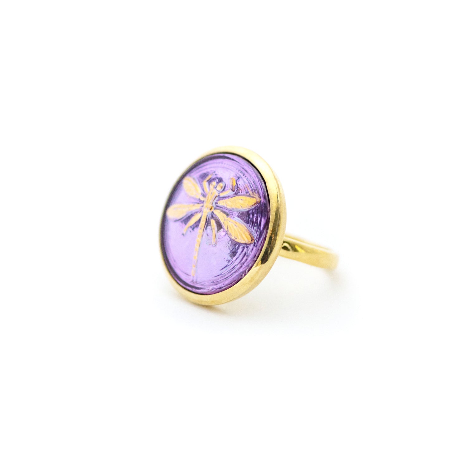 Czech Glass Button  Vermeil Ring - Purple & Gold Dragonfly