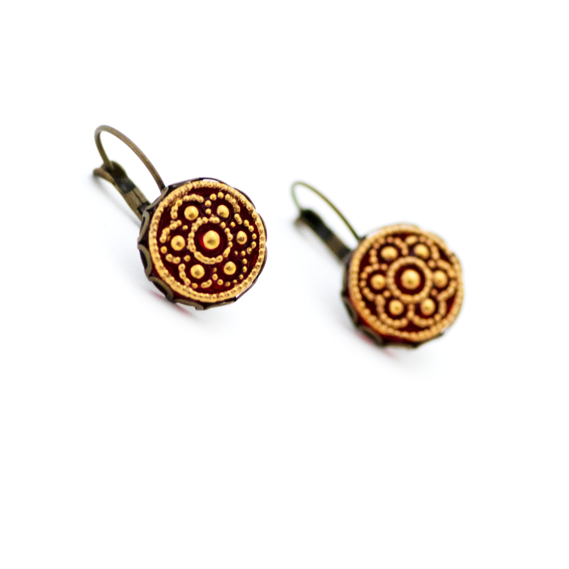 Red and gold circles flower Czech glass buttons. Leverback earrings.