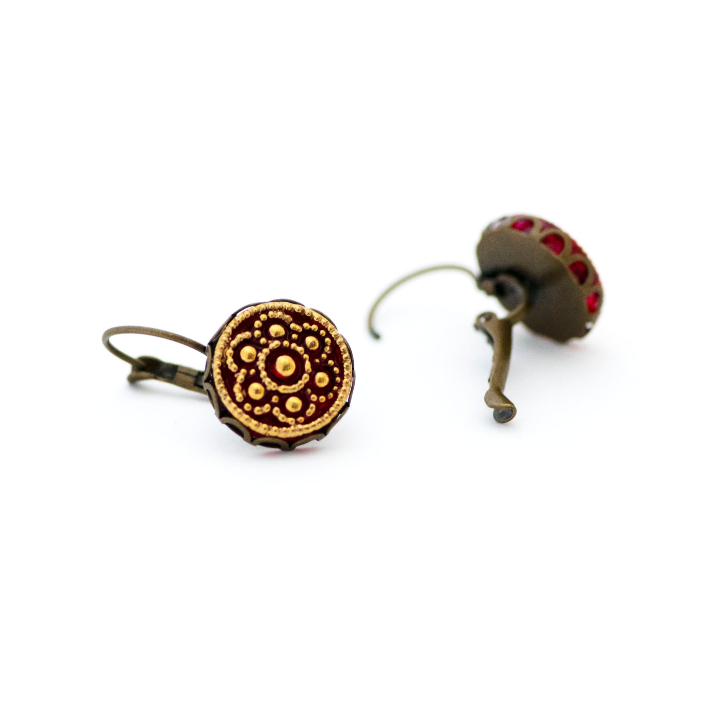 Red and gold circles flower Czech glass buttons. Leverback earrings.