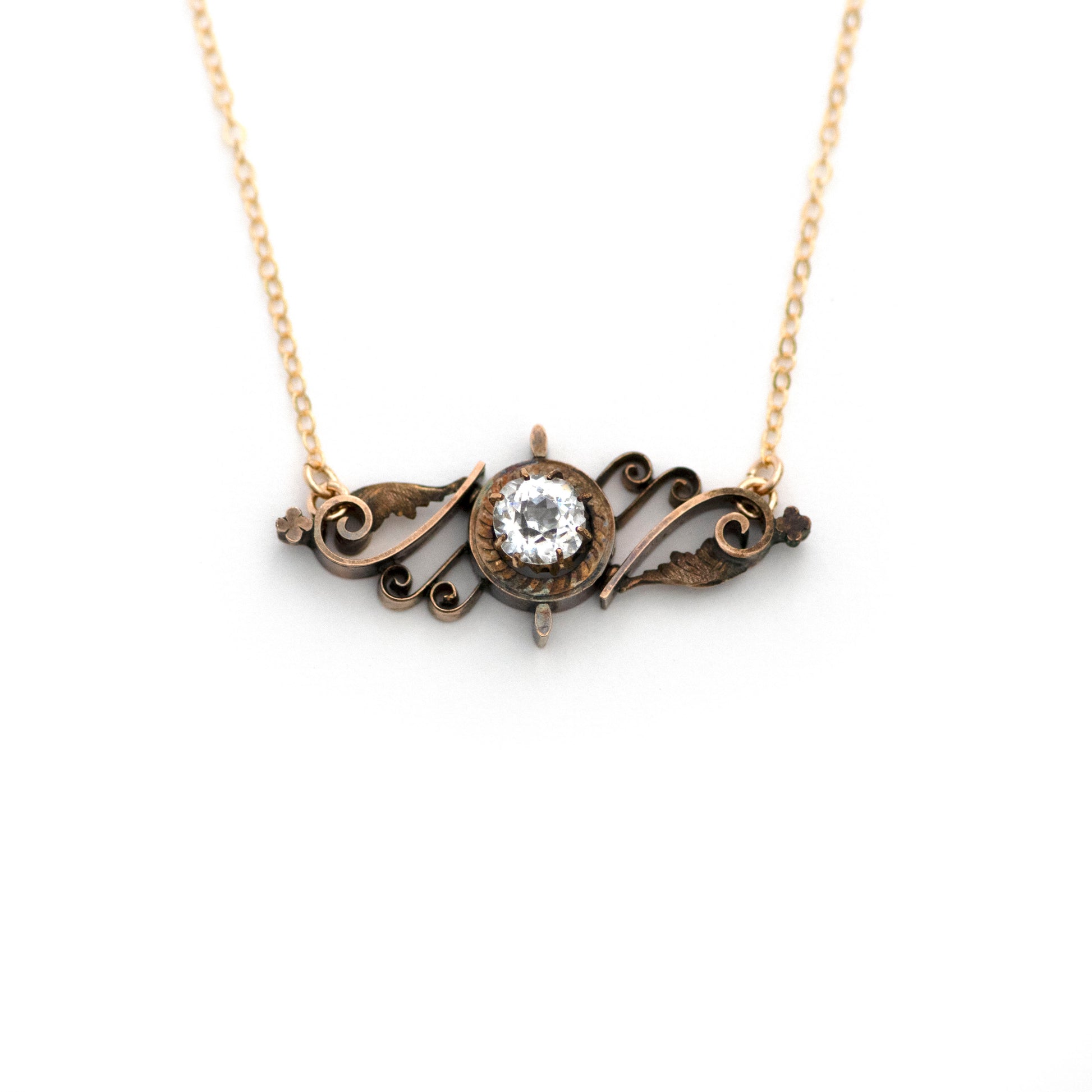 Clear Rhinestone Brass Scroll Clover Dress Pin Necklace