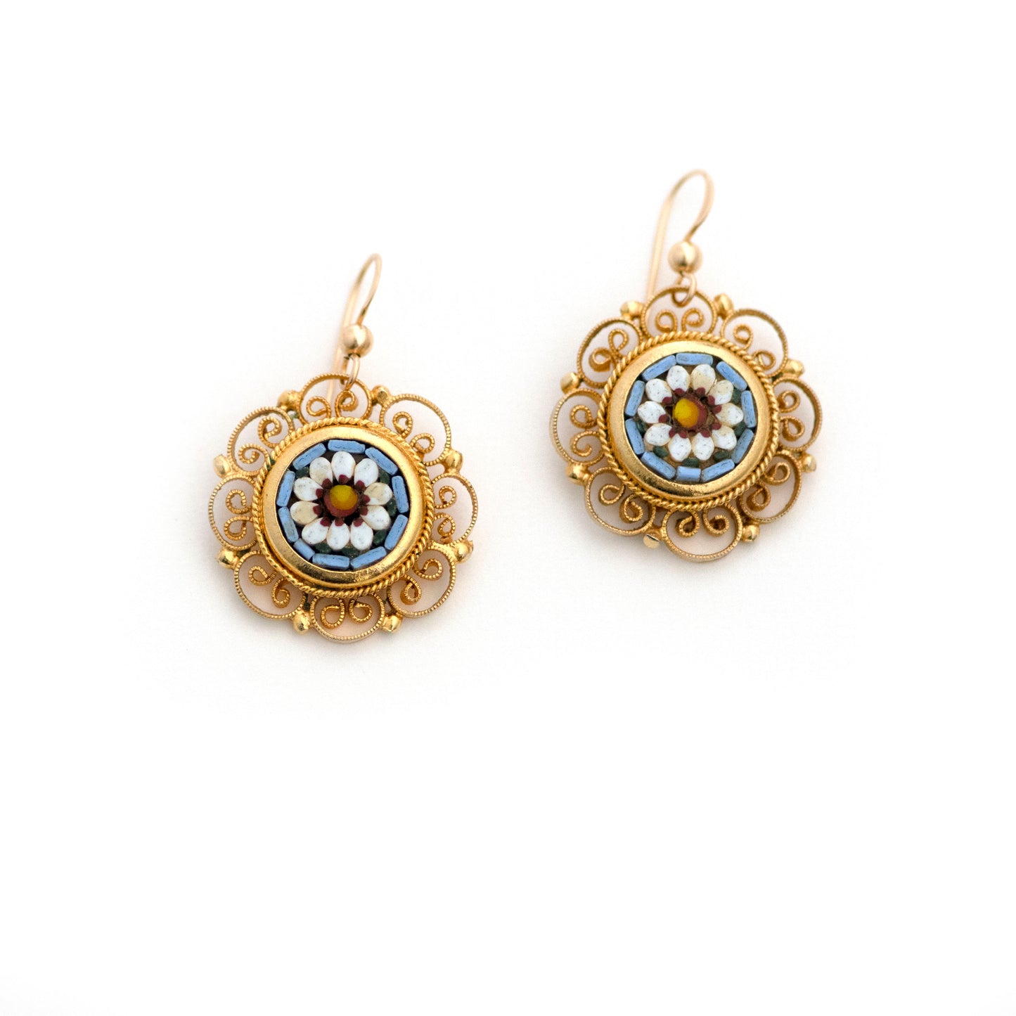 A pair of beautiful gold-tone vintage Italian micro mosaic earrings.