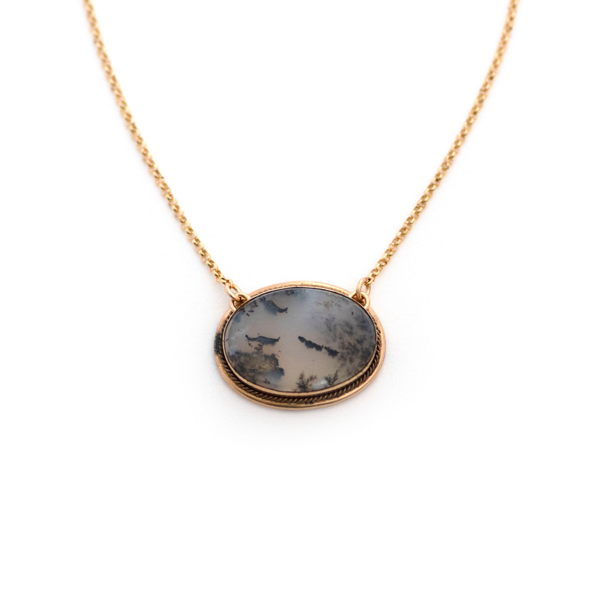 This one-of-a-kind conversion necklace is made up of:  Gold filled Victorian brooch pendant from the late 1800s with dendritic moss agate. 