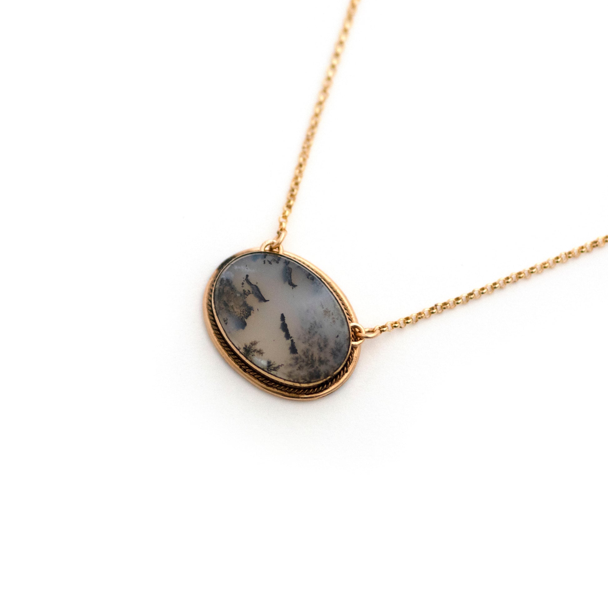 This one-of-a-kind conversion necklace is made up of:  Gold filled Victorian brooch pendant from the late 1800s with dendritic moss agate. 