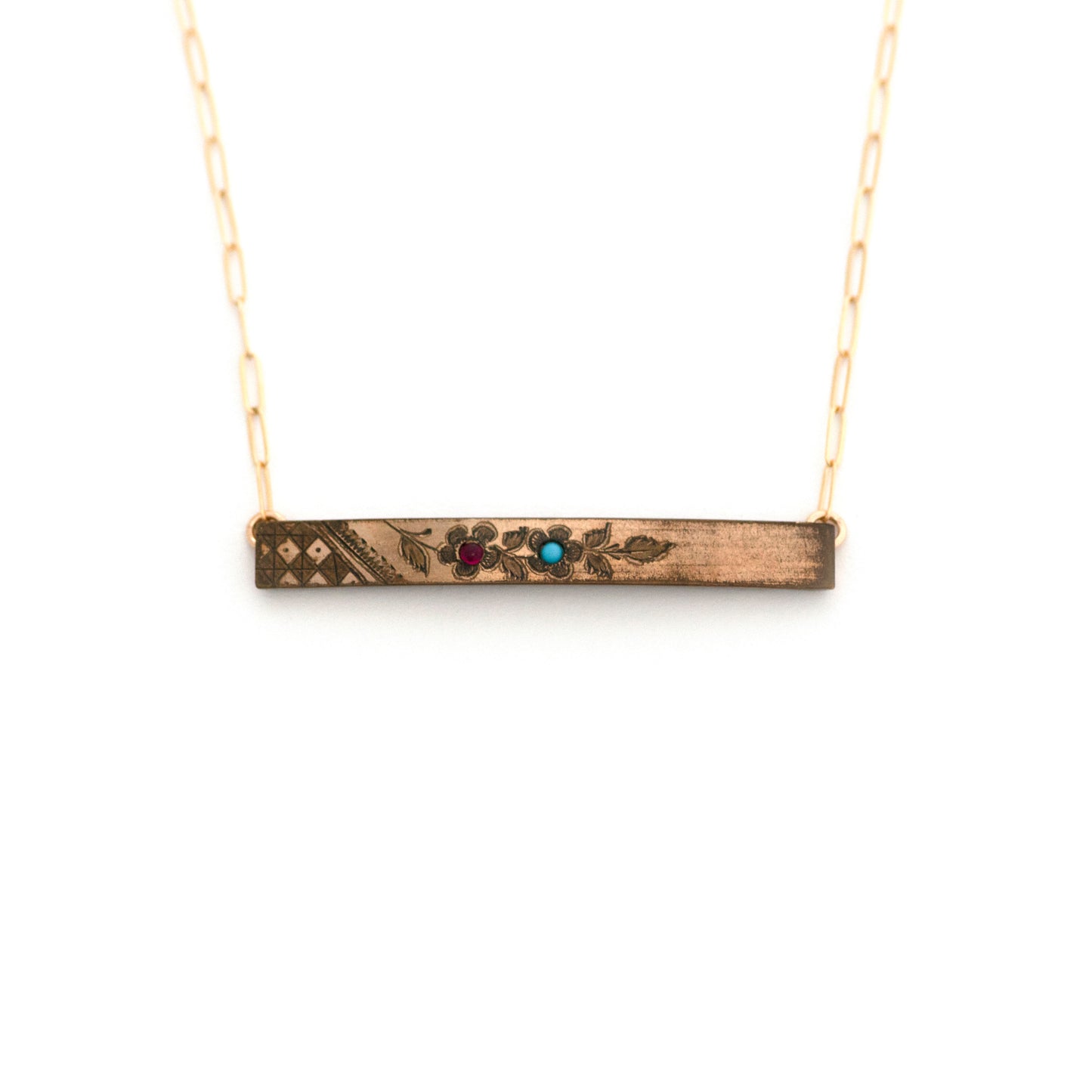 Forget Me Not Flower Red Turquoise Bar Pin Necklace