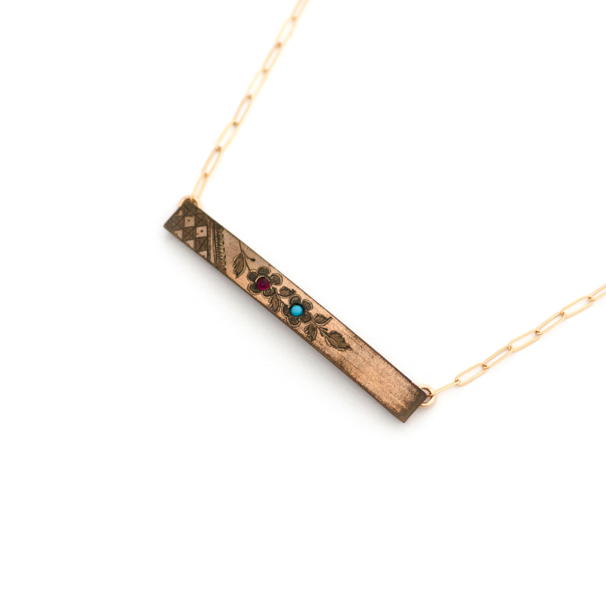 Forget Me Not Flower Red Turquoise Bar Pin Necklace