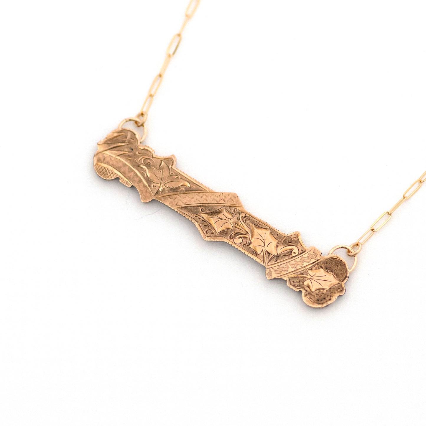 Victorian Etched Scrolling Leaves Bar Pin Necklace