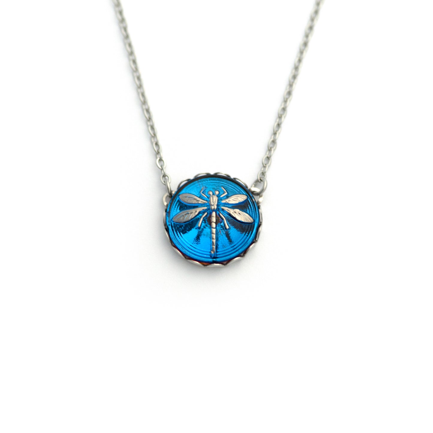 Blue Silver Dragonfly Czech Glass Button Necklace