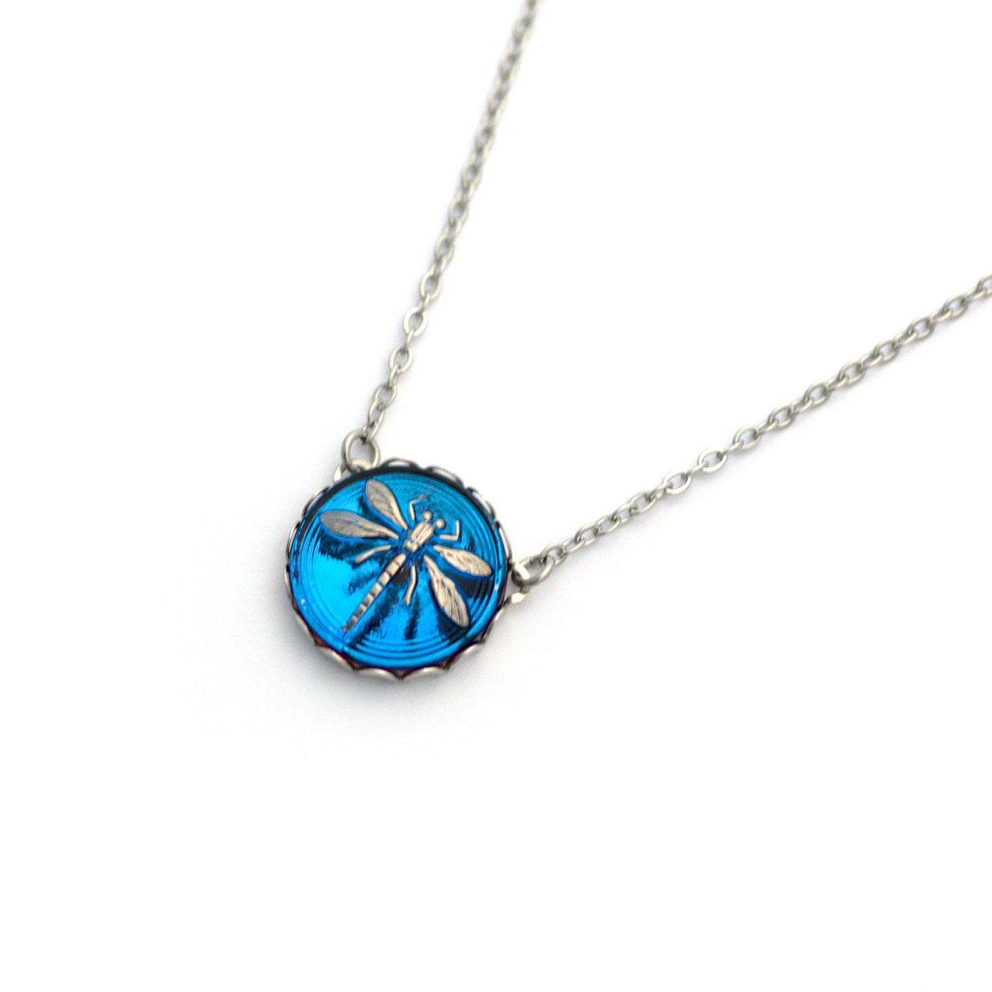 Blue Silver Dragonfly Czech Glass Button Necklace