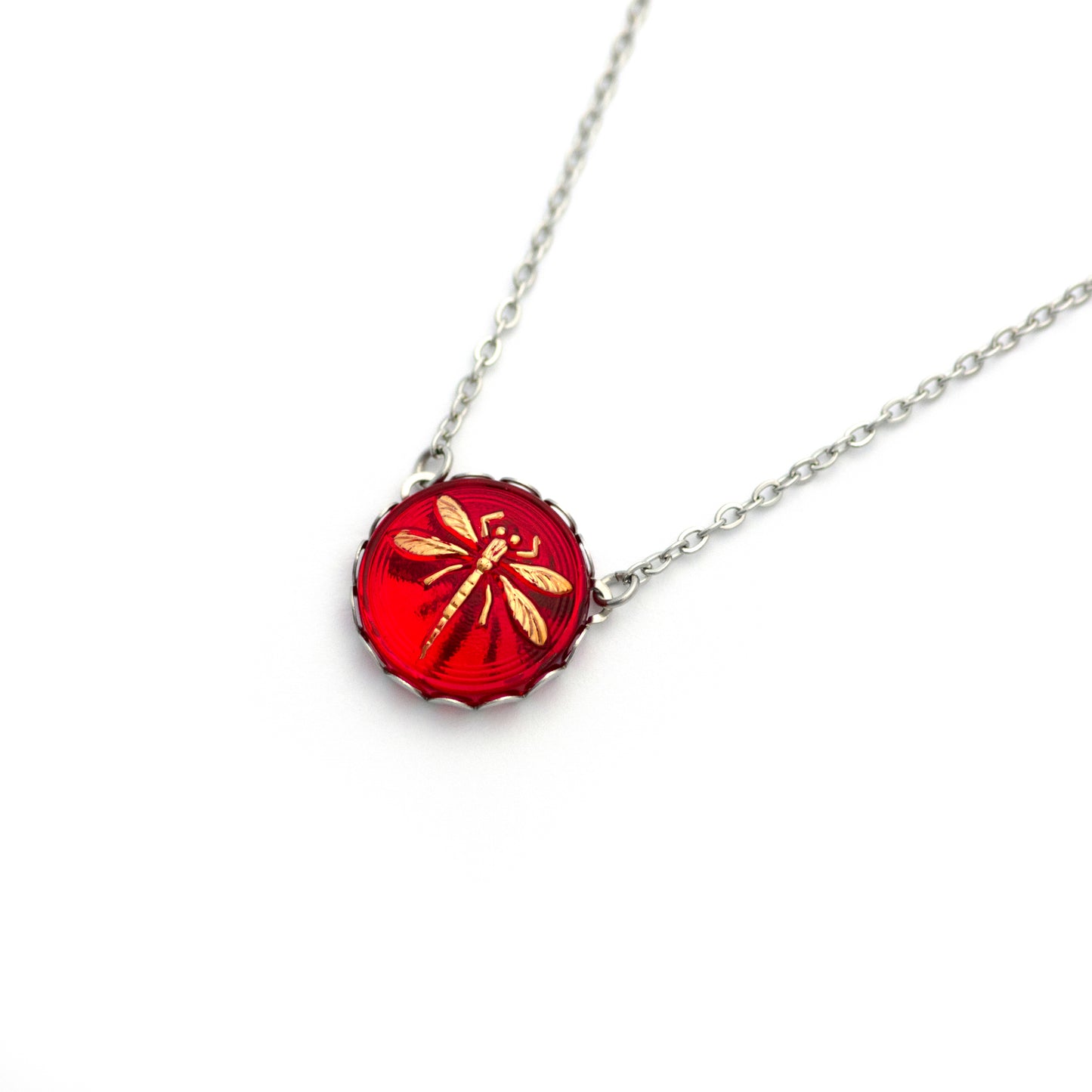 Red and Gold Dragonfly Czech Glass Button Necklace