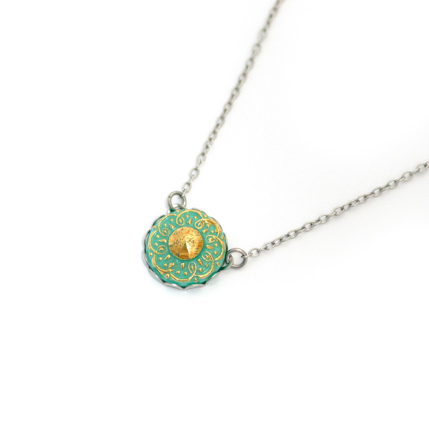 Turquoise and Gold 8 Petal Floral Jadeite Uranium Glass Button Necklace