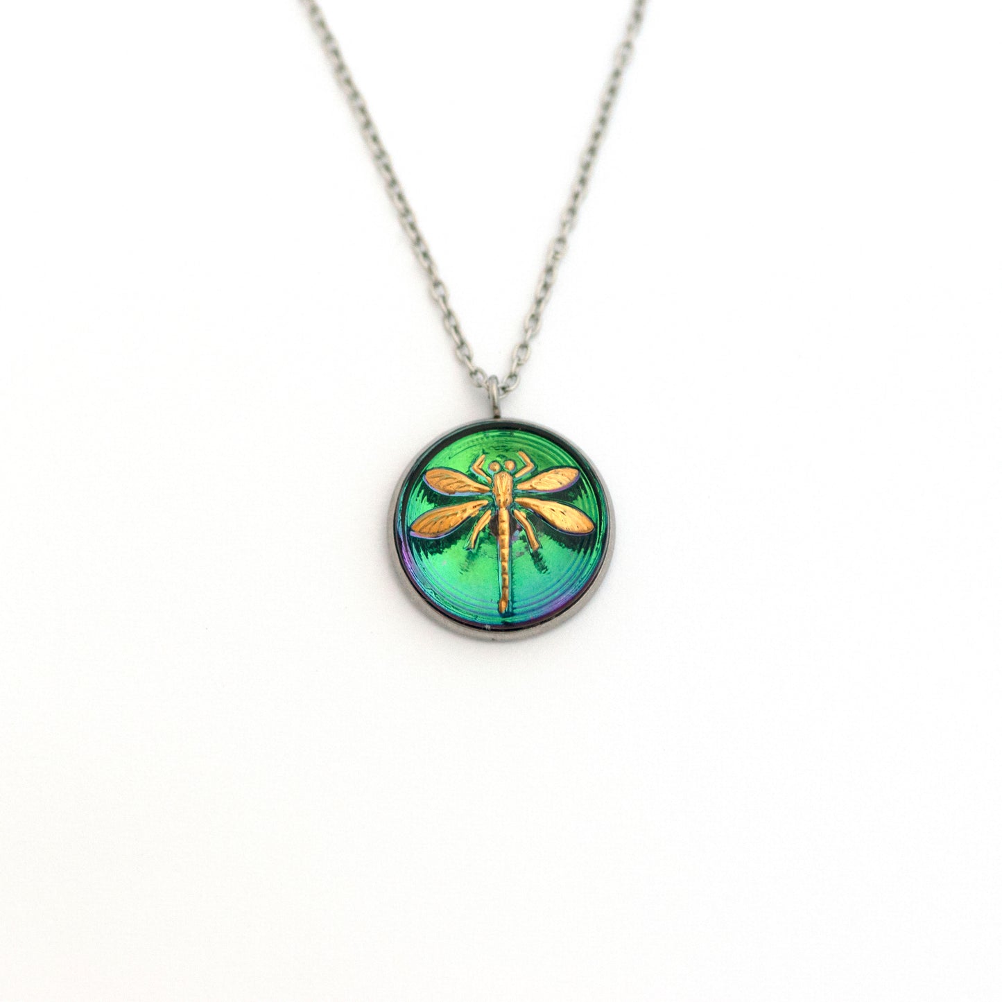 Iridescent Depths Green and Gold Dragonfly Czech Glass Button Necklace