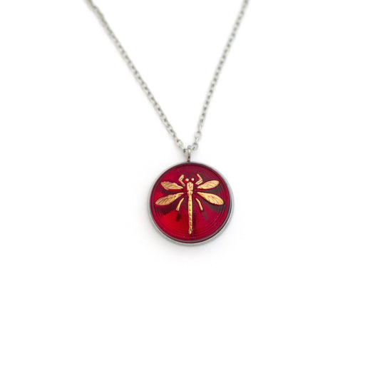 Red and Gold Dragonfly Czech Glass Button Necklace