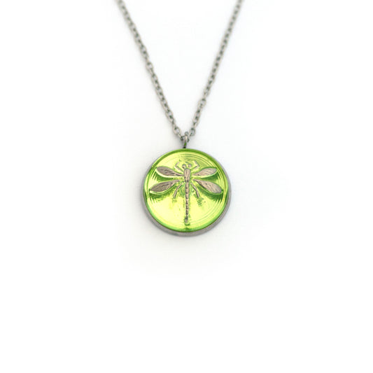 Yellow-Green Vaseline and Silver Uranium Glass Dragonfly Czech Glass Button Necklace