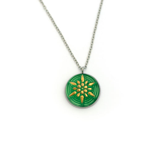 Green and Gold Star Flower Uranium Glass Button Necklace