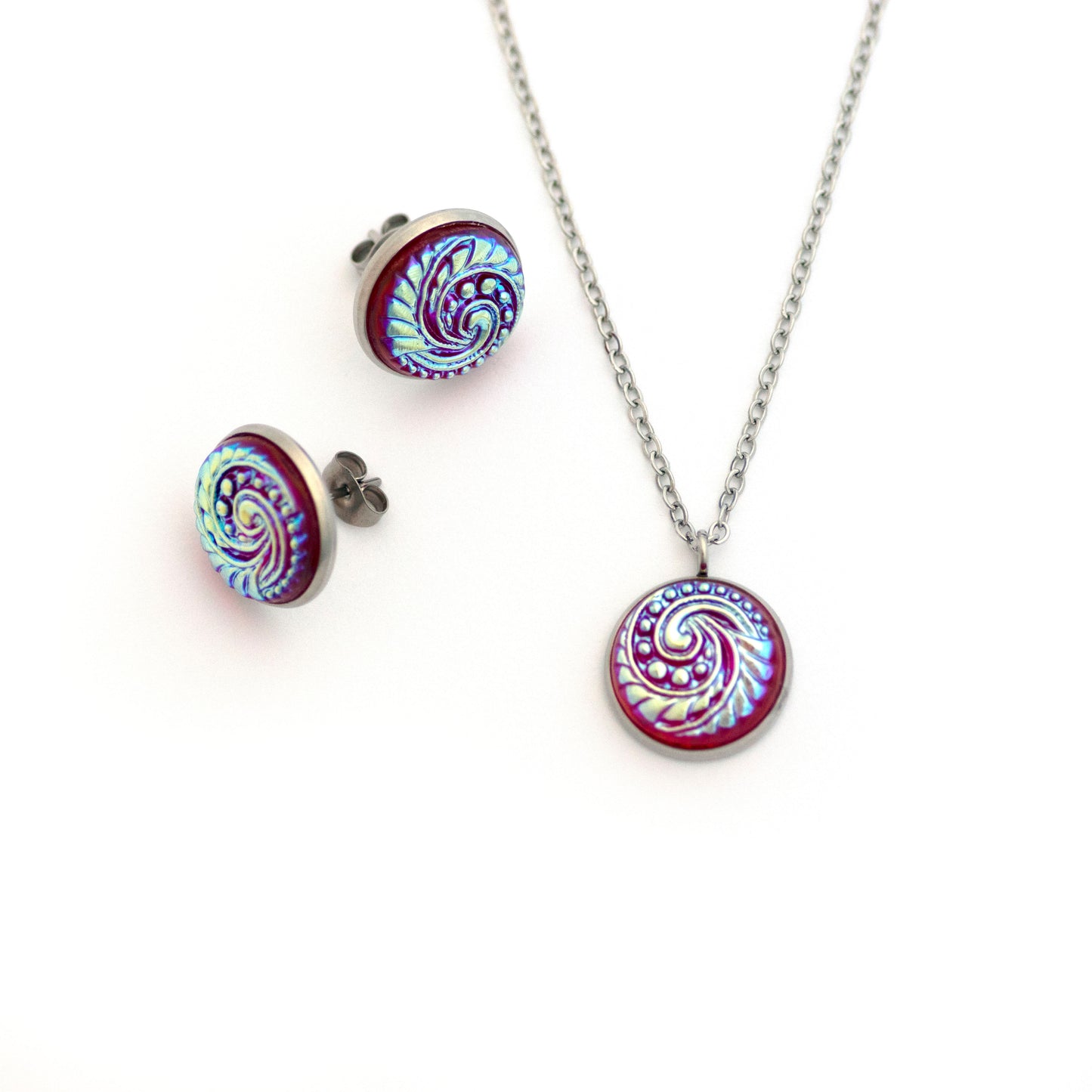 Red Glass with Iridescent Ocean Swirl Czech Glass Button Necklace and Earrings Gift Set