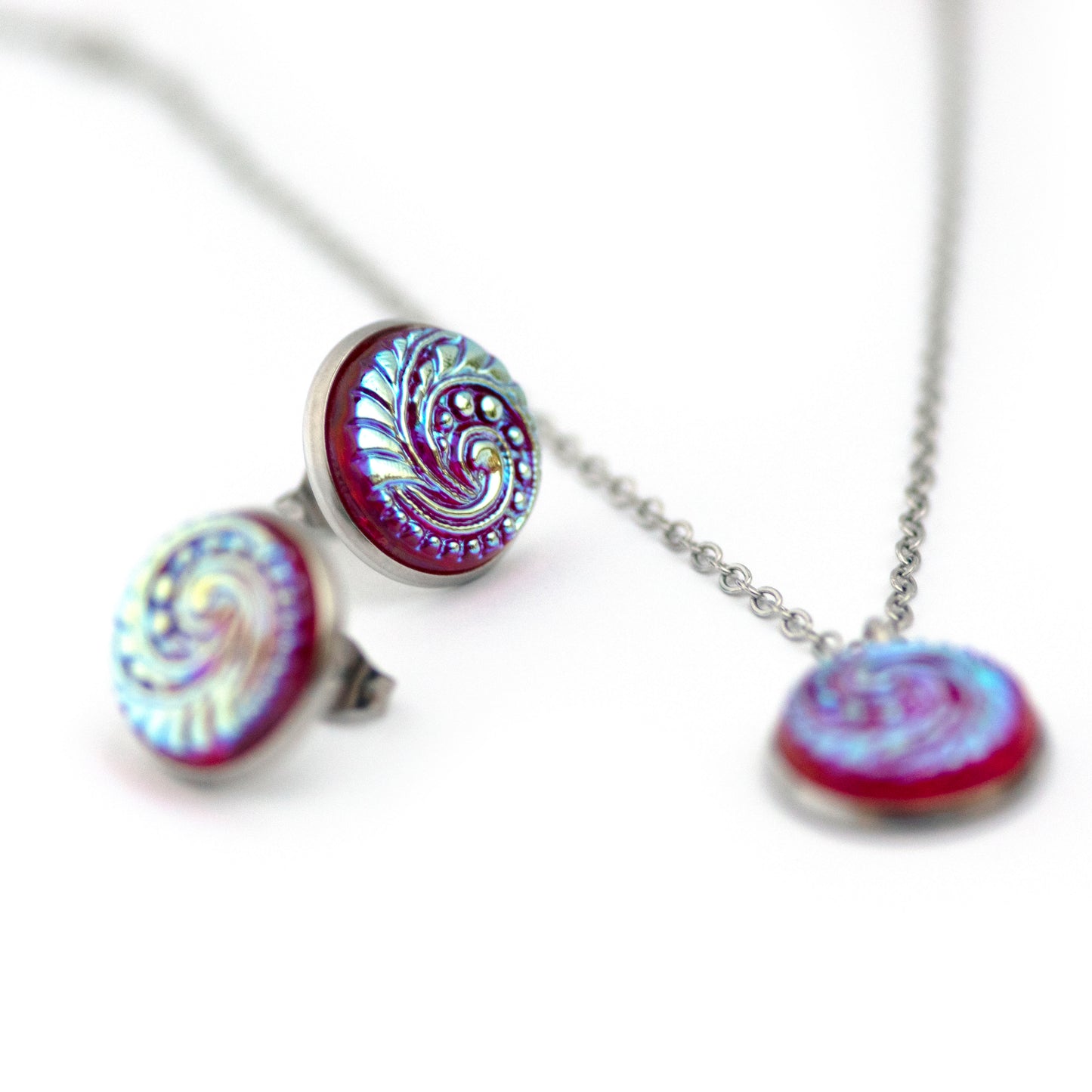 Red Glass with Iridescent Ocean Swirl Czech Glass Button Necklace and Earrings Gift Set