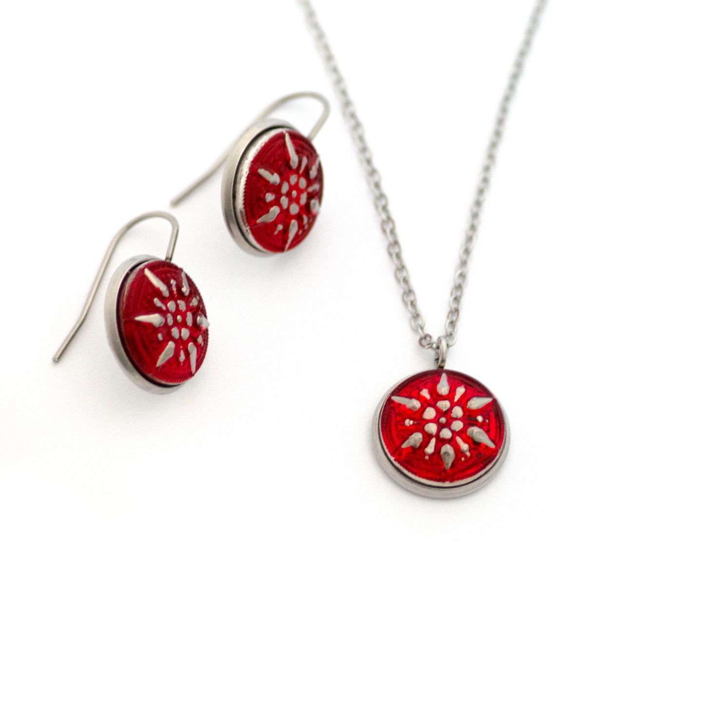Red and Silver Star Czech Glass Button Necklace and Earrings Gift Set