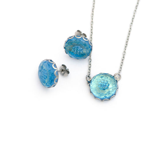 Blue Depths Czech Glass Button Necklace and Earrings Gift Set