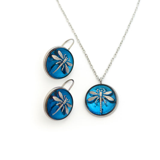 Blue and Silver Dragonfly Czech Glass Button Necklace and Earrings Gift Set