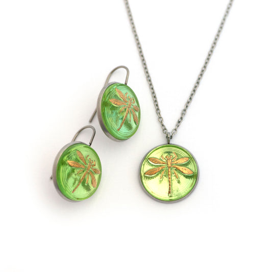 Yellow-Green Vaseline and Gold Dragonfly Uranium Glass Button Necklace and Earrings Gift Set