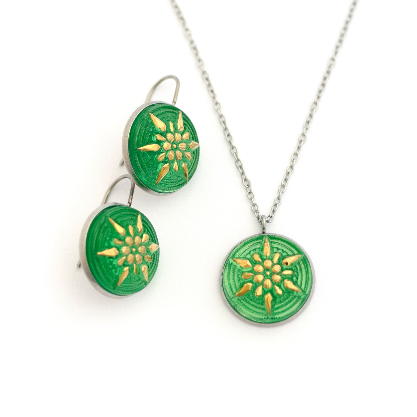 Green and Gold Star Flower Uranium Glass Button Necklace and Earrings Gift Set