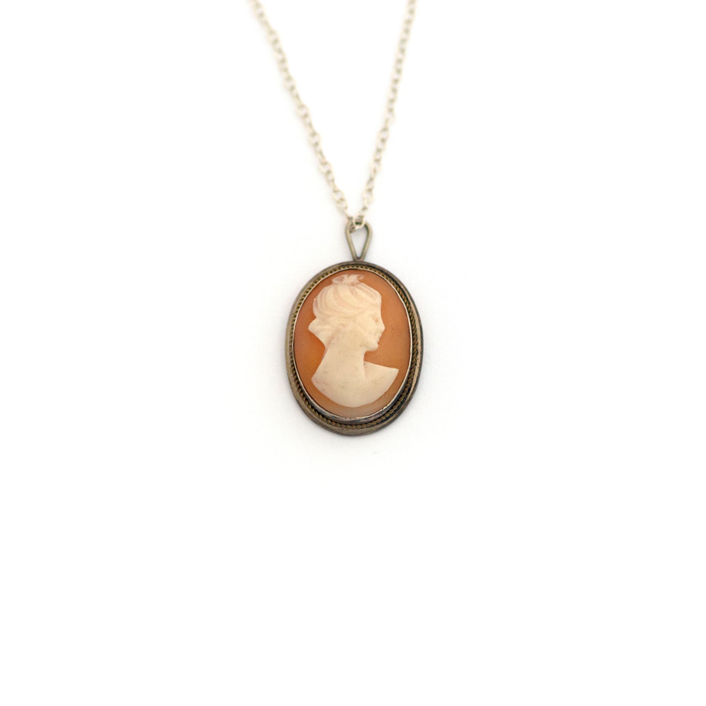 Sterling Silver Carved Shell Cameo Brooch Necklace