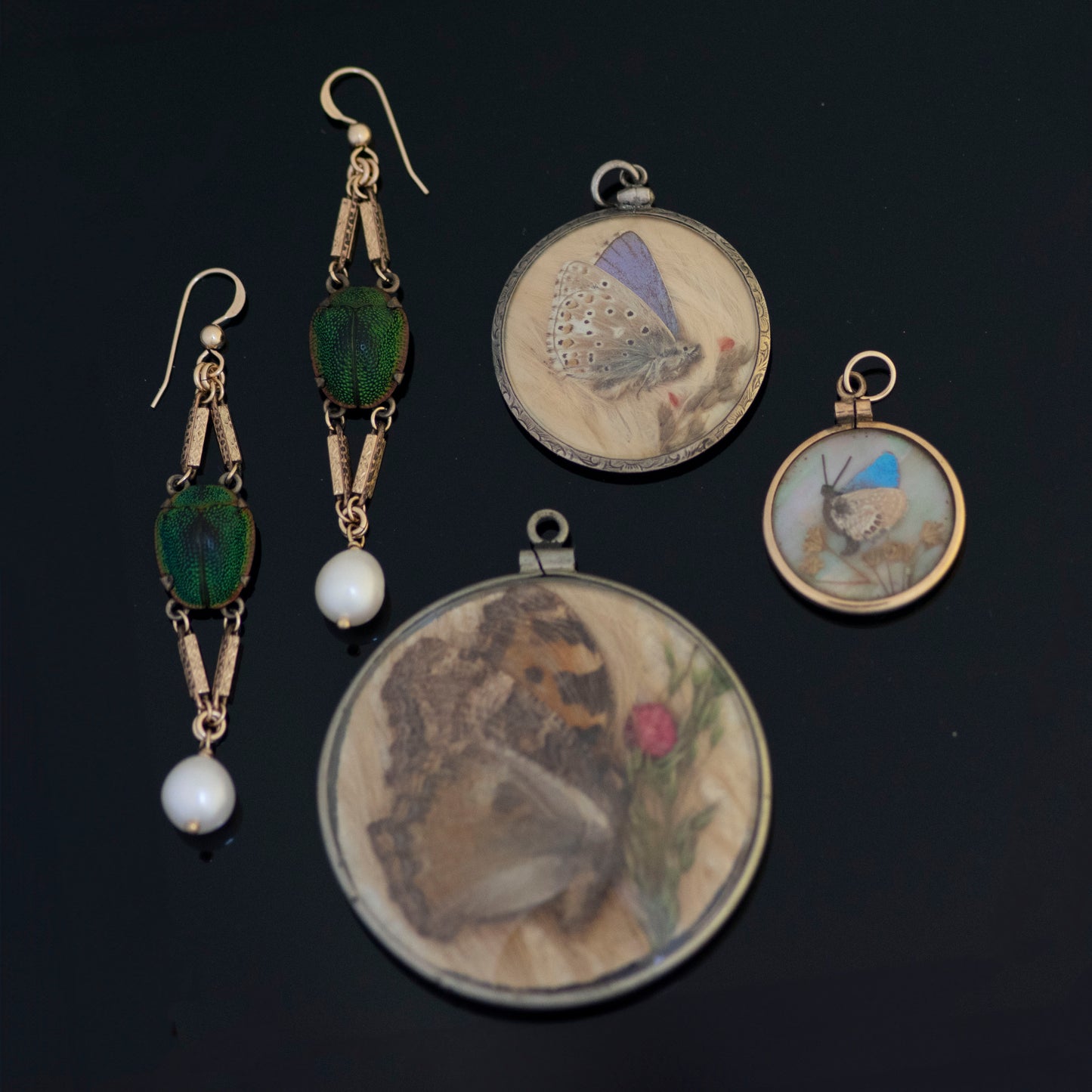 Antique Scarab Beetle Watch Chain Pearl Earrings and 3 pendants with preserved butterflies