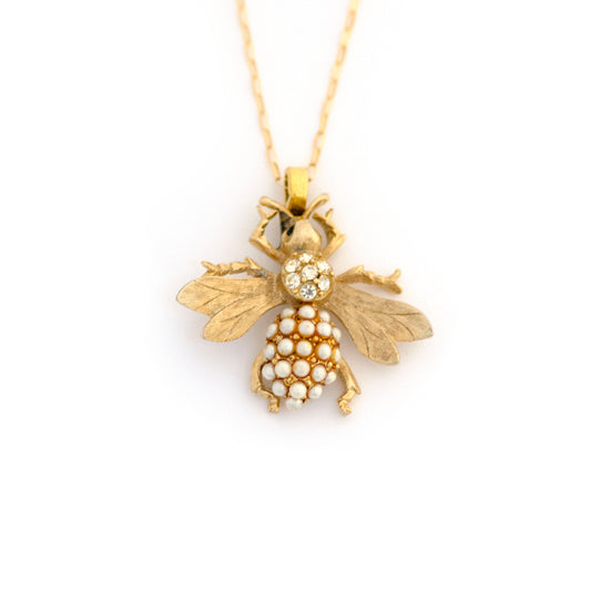 Vintage Pearl Glass and Rhinestone Bumble Bee Necklace