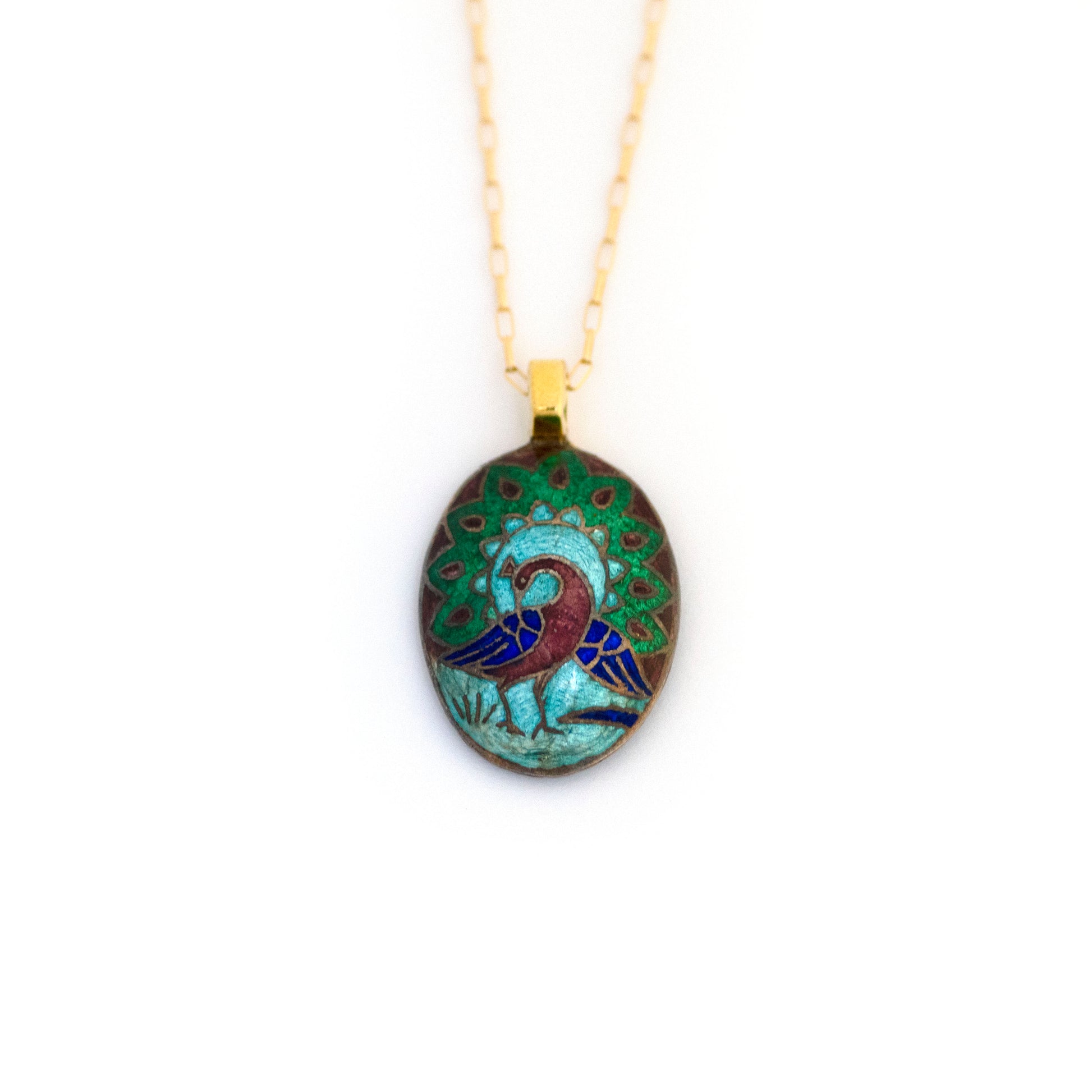 Vintage Cloisonne Enamel Peacock Cufflink Necklace
