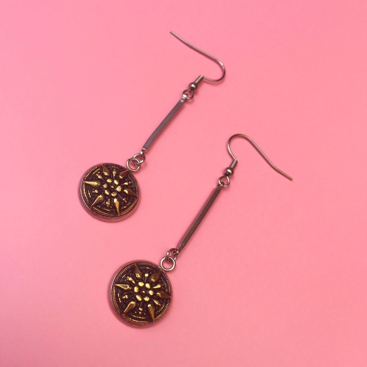 Czech Glass Button Earrings, Glass Button Drop Earrings, 14mm Buttons Dangle Earrings, Black and Gold Star Flower Gift Present