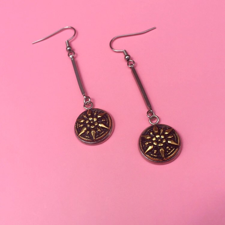 Czech Glass Button Earrings, Glass Button Drop Earrings, 14mm Buttons Dangle Earrings, Black and Gold Star Flower Gift Present