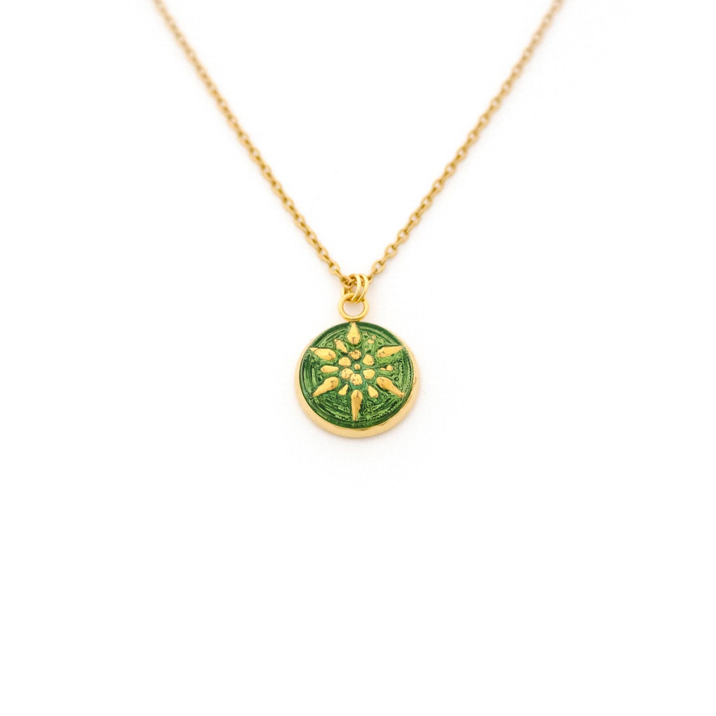 Uranium Czech Glass Button Necklace - Gold Star Green Uranium Glass - 1/2" Glass Pendant Necklace - Fluorescent UV Reactive Glass Jewelry