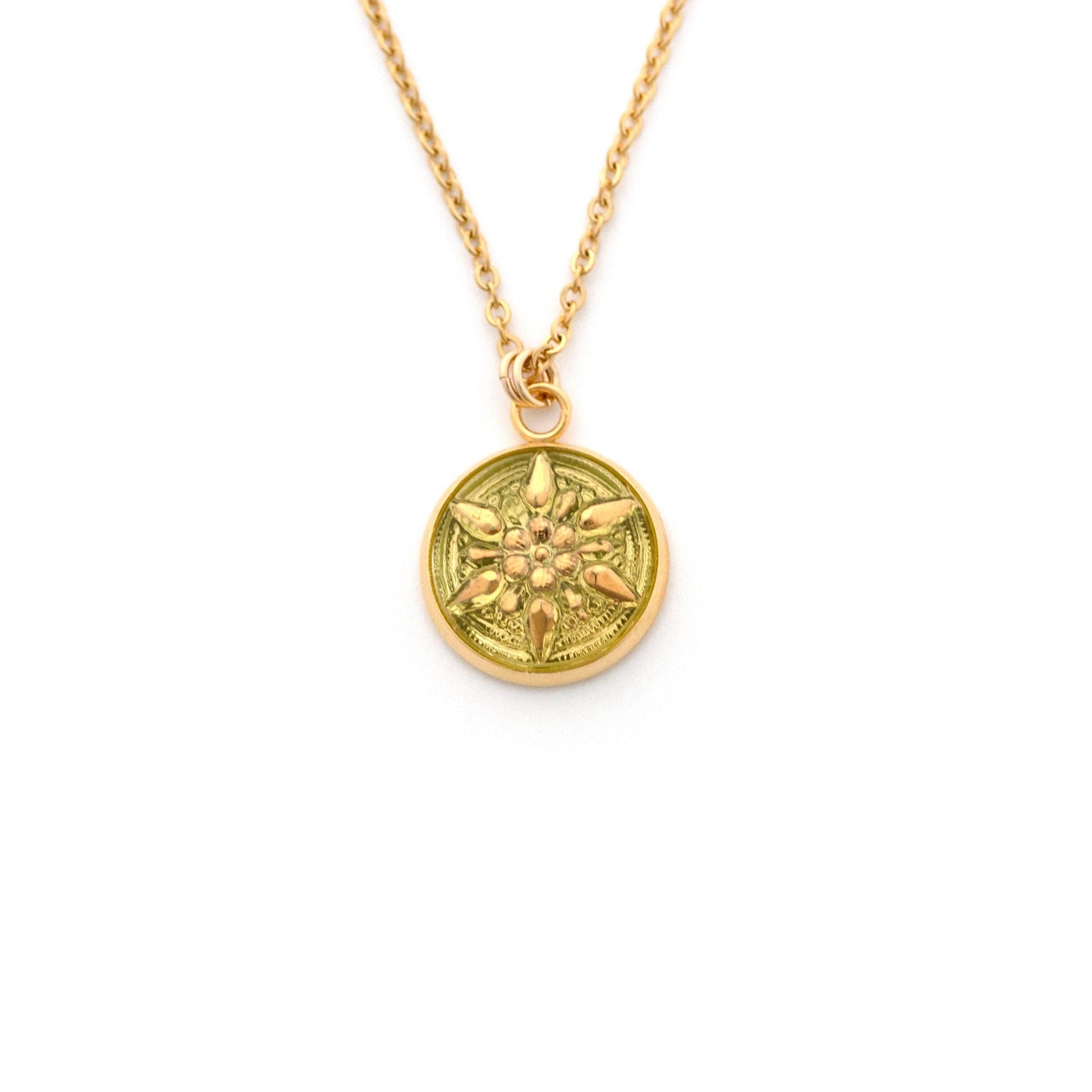 Uranium Czech Glass Button Necklace - Gold Star Yellow Uranium Glass - 1/2" Glass Pendant Necklace - Fluorescent UV Reactive Glass Jewelry