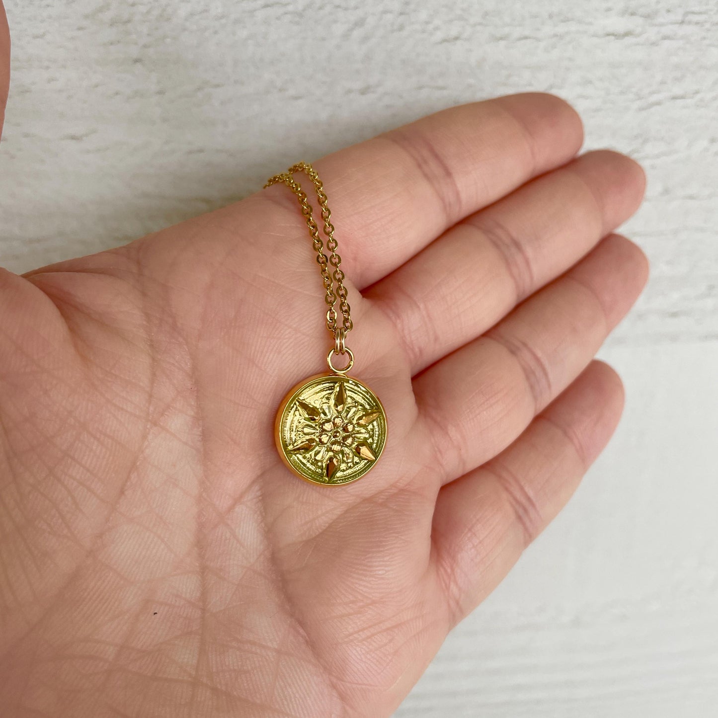 Uranium Czech Glass Button Necklace - Gold Star Yellow Uranium Glass - 1/2" Glass Pendant Necklace - Fluorescent UV Reactive Glass Jewelry