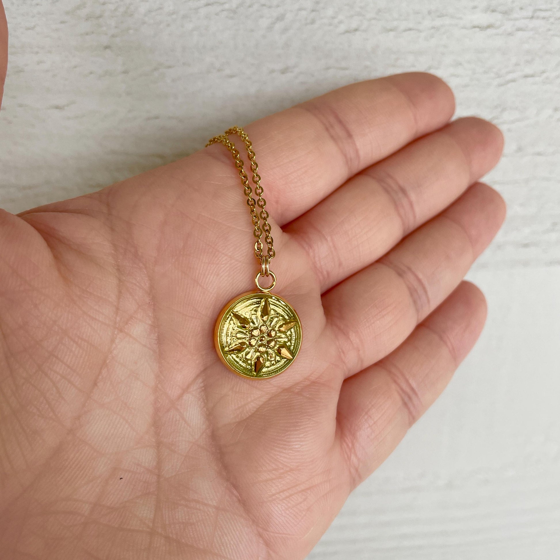 Uranium Czech Glass Button Necklace - Gold Star Yellow Uranium Glass - 1/2" Glass Pendant Necklace - Fluorescent UV Reactive Glass Jewelry