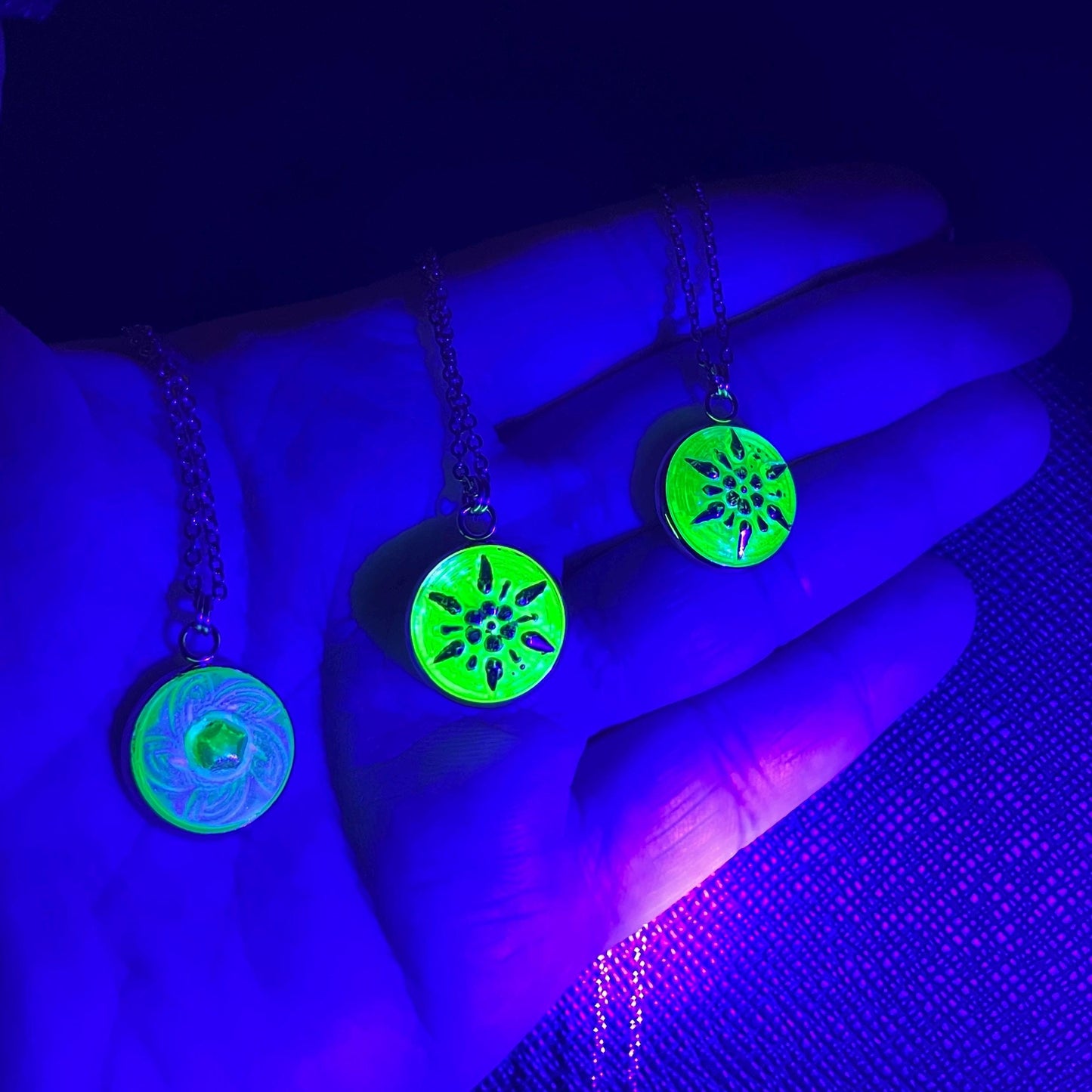 Uranium Czech Glass Button Necklace - Gold Star Green Uranium Glass - 1/2" Glass Pendant Necklace - Fluorescent UV Reactive Glass Jewelry