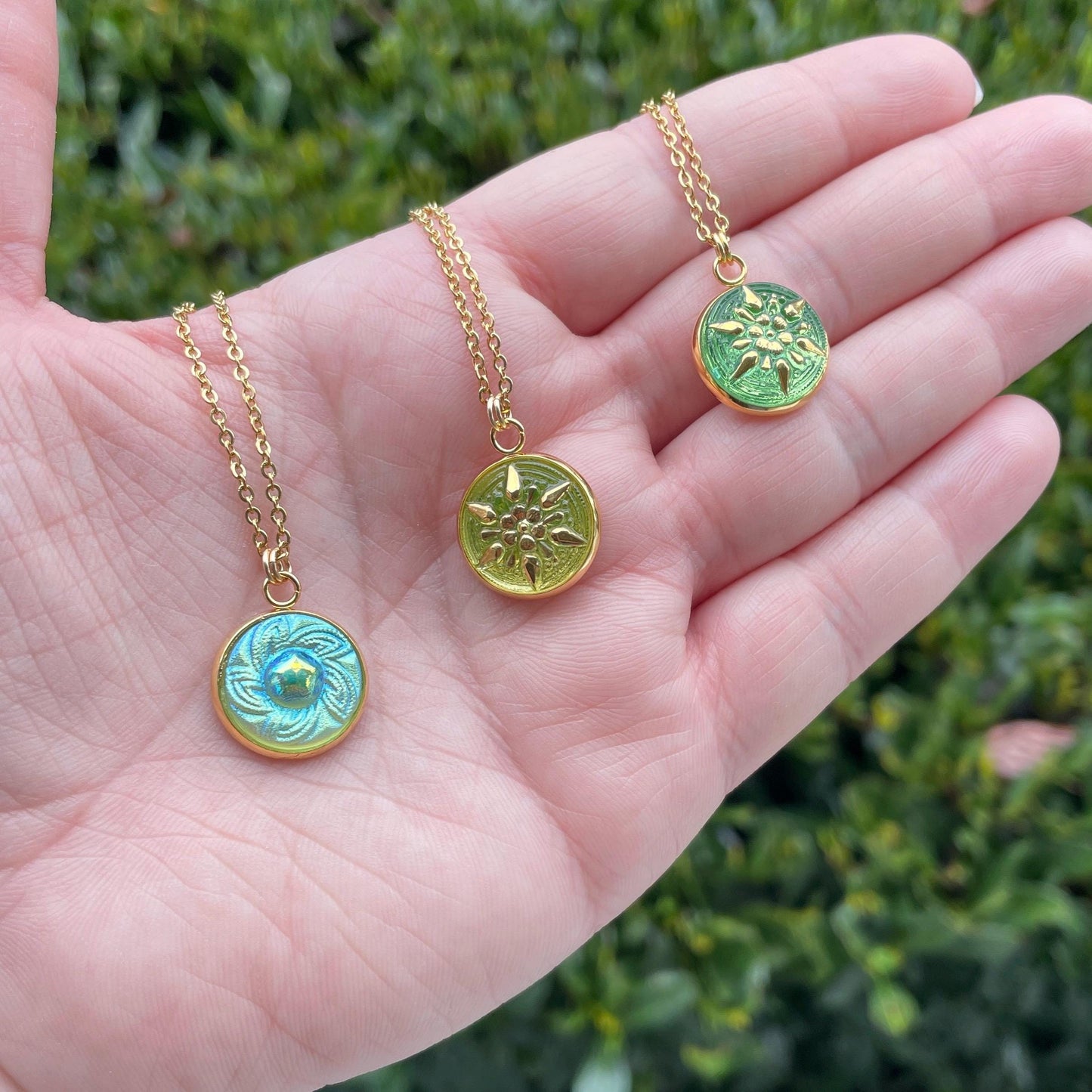 Uranium Czech Glass Button Necklace - Gold Star Yellow Uranium Glass - 1/2" Glass Pendant Necklace - Fluorescent UV Reactive Glass Jewelry