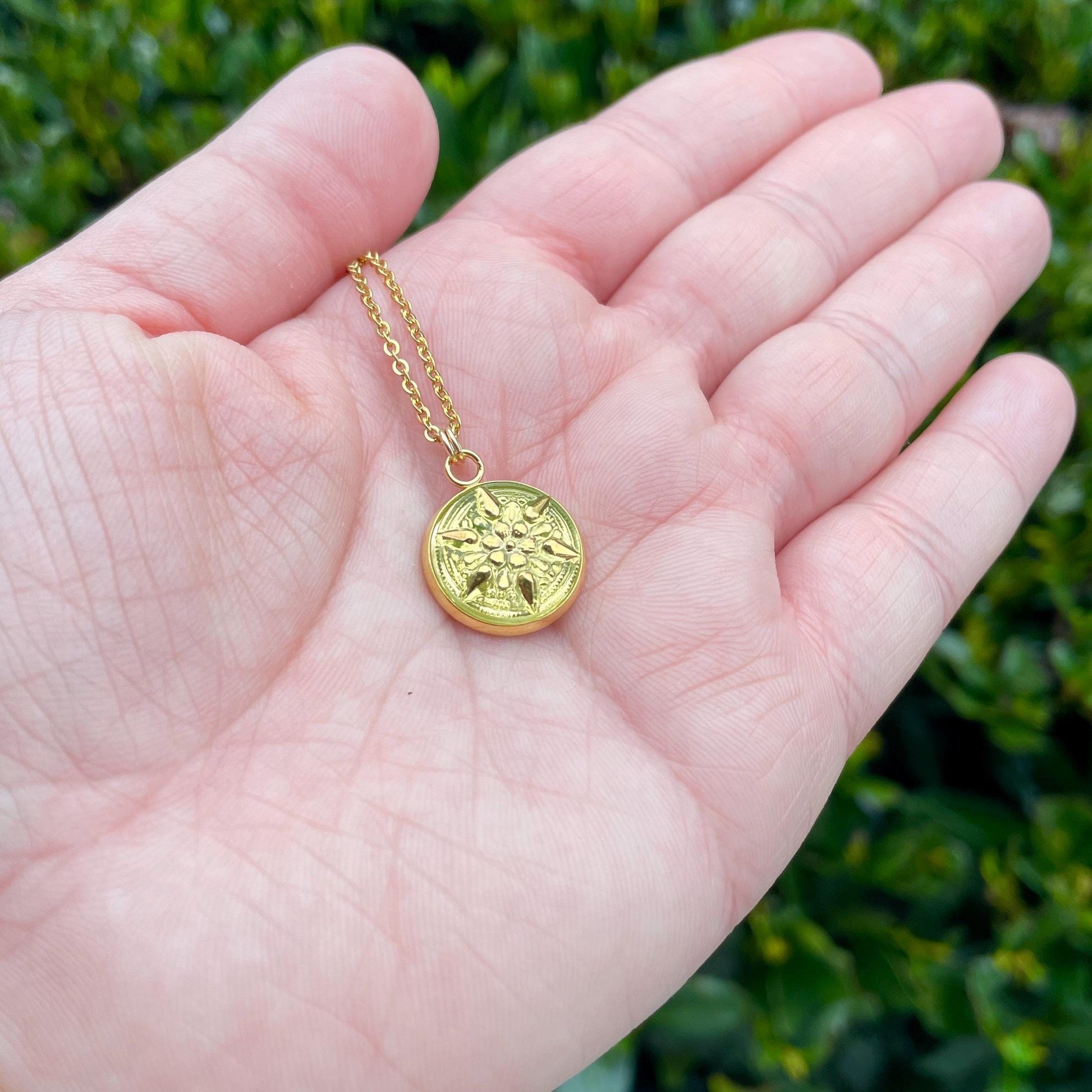Uranium Czech Glass Button Necklace - Gold Star Yellow Uranium Glass - 1/2" Glass Pendant Necklace - Fluorescent UV Reactive Glass Jewelry