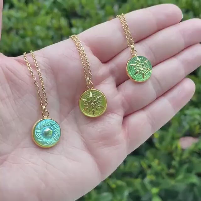 Uranium Czech Glass Button Necklace - Gold Star Yellow Uranium Glass - 1/2" Glass Pendant Necklace - Fluorescent UV Reactive Glass Jewelry