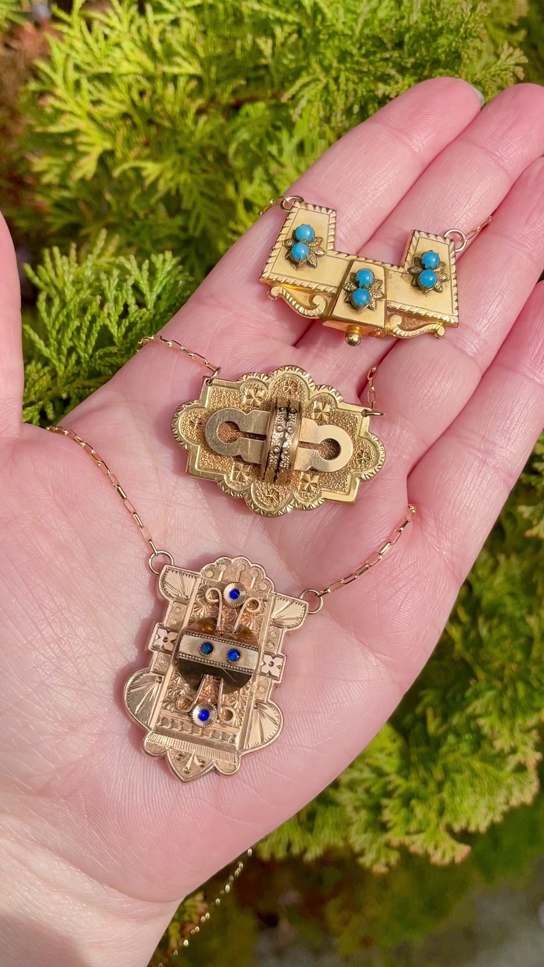 video of three beautiful victorian brooch conversion necklaces that each make a statement