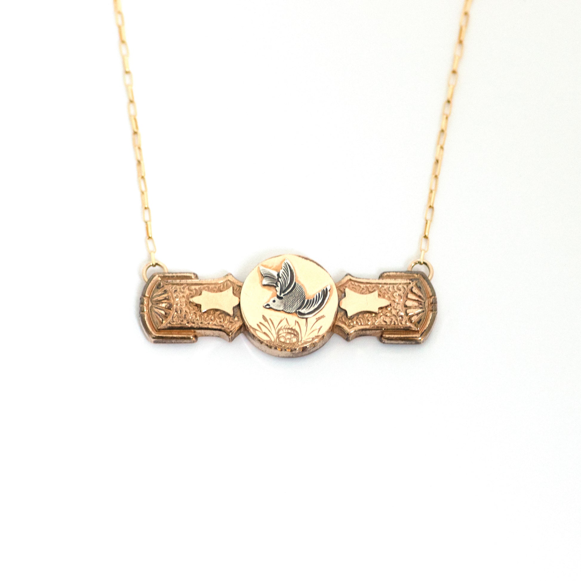 Antique Victorian Bird Over Nest Bar Pin Necklace