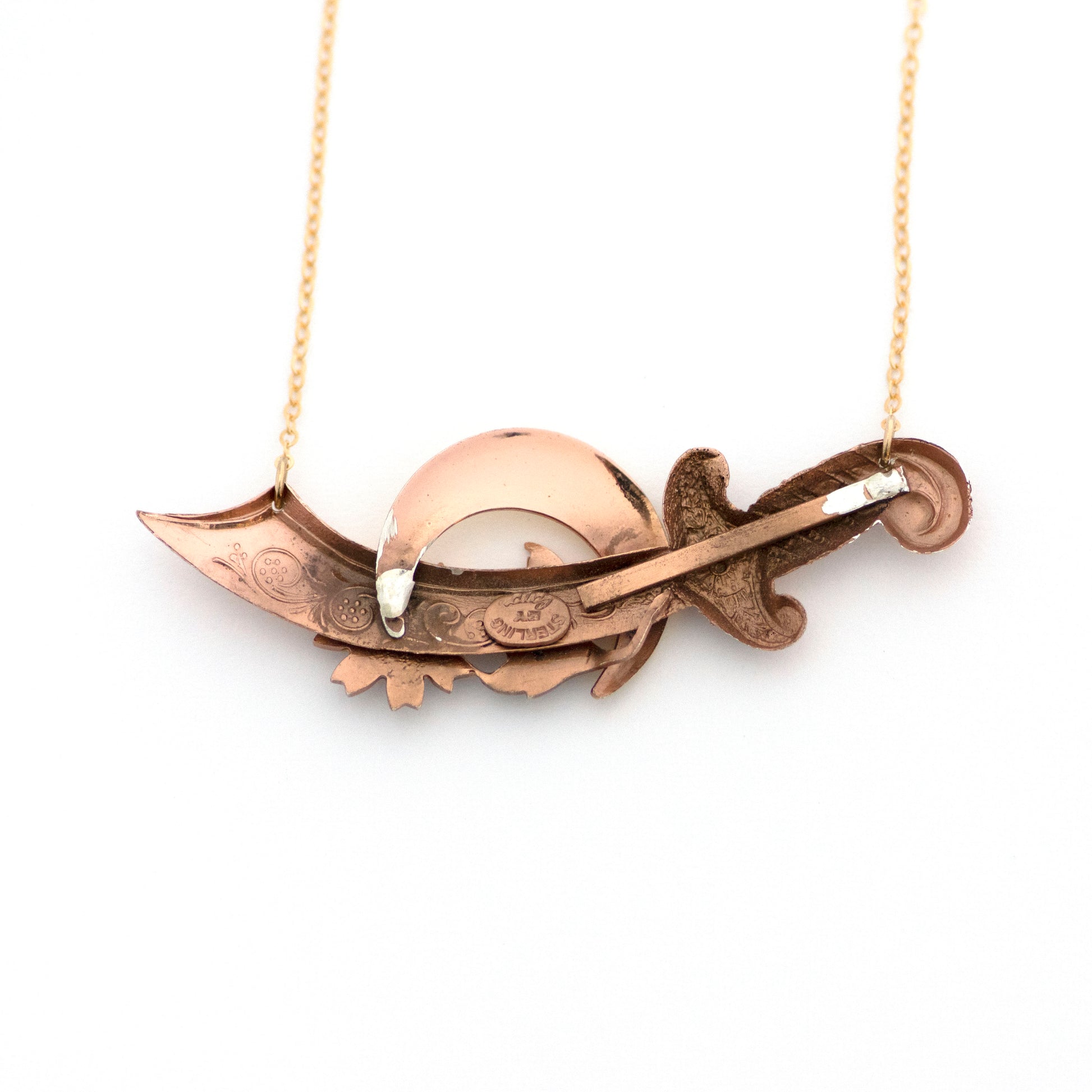 back of vintage bar pin necklace made from rose gold vermeil. Hallmarked "Sterling by Coro"