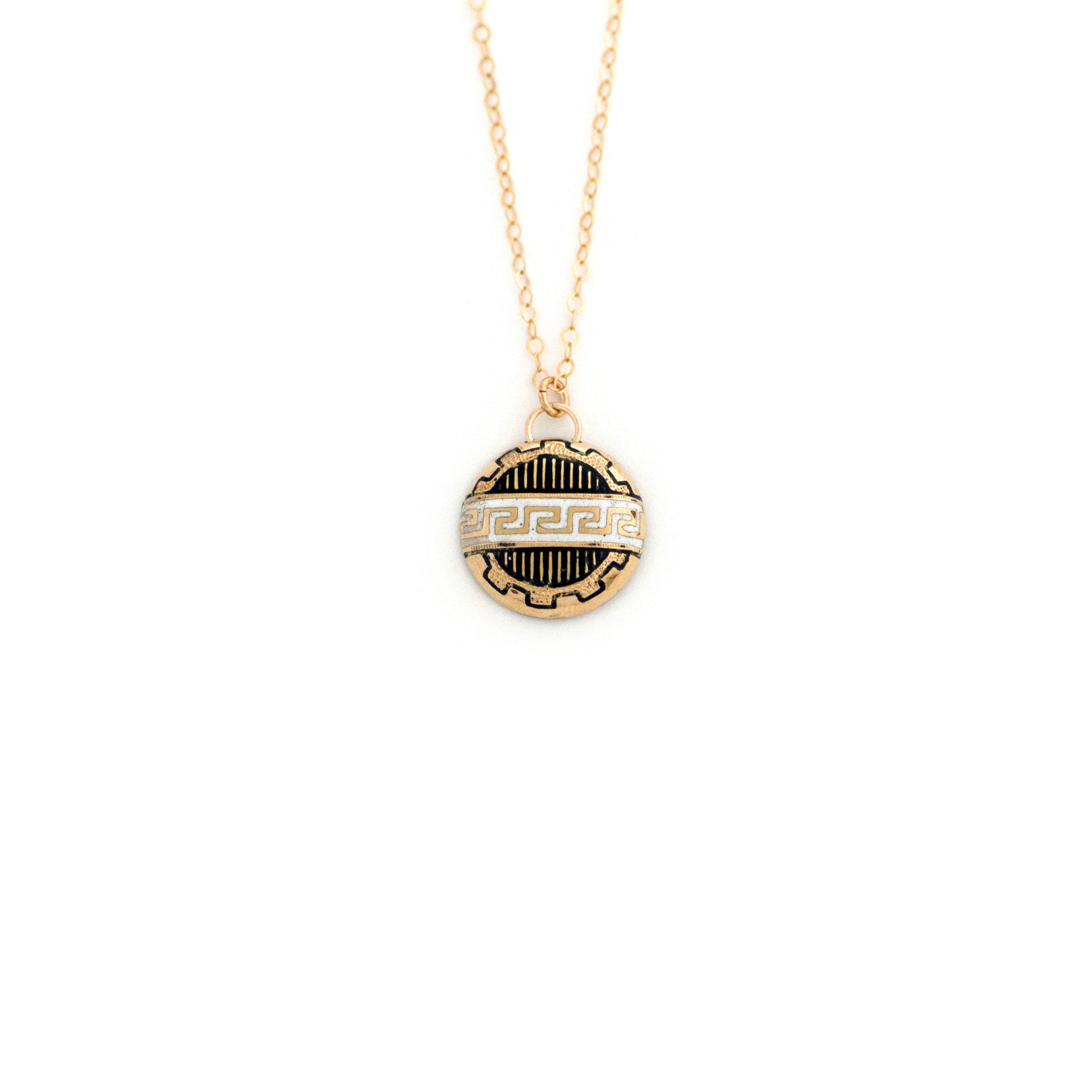 Black and white enamel Greek key meander gold filled brooch conversion necklace