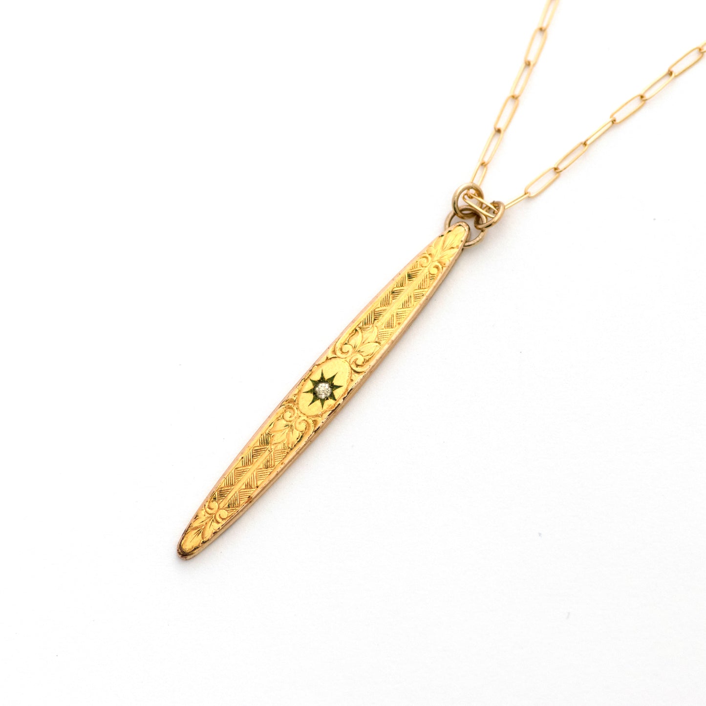 antique victorian Star Set Clear Paste Vertical Bar Necklace on a 14k yellow gold filled paperclip chain