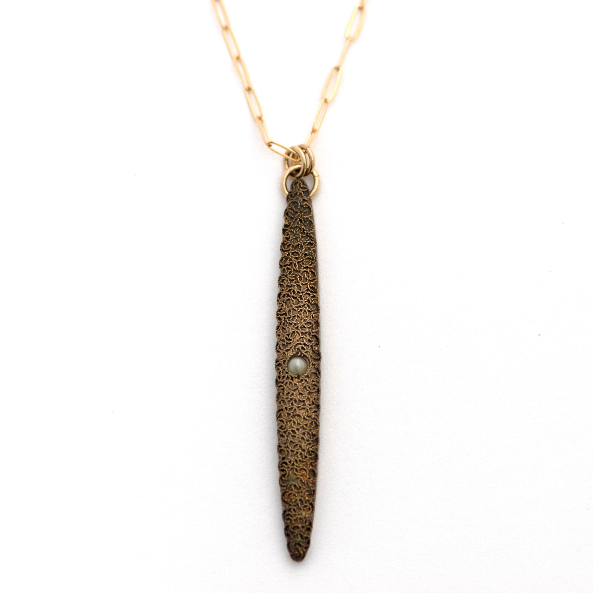 Seed Pearl Filigree Etruscan Revival Vertical Bar Necklace on a 14k yellow gold filled paperclip style chain