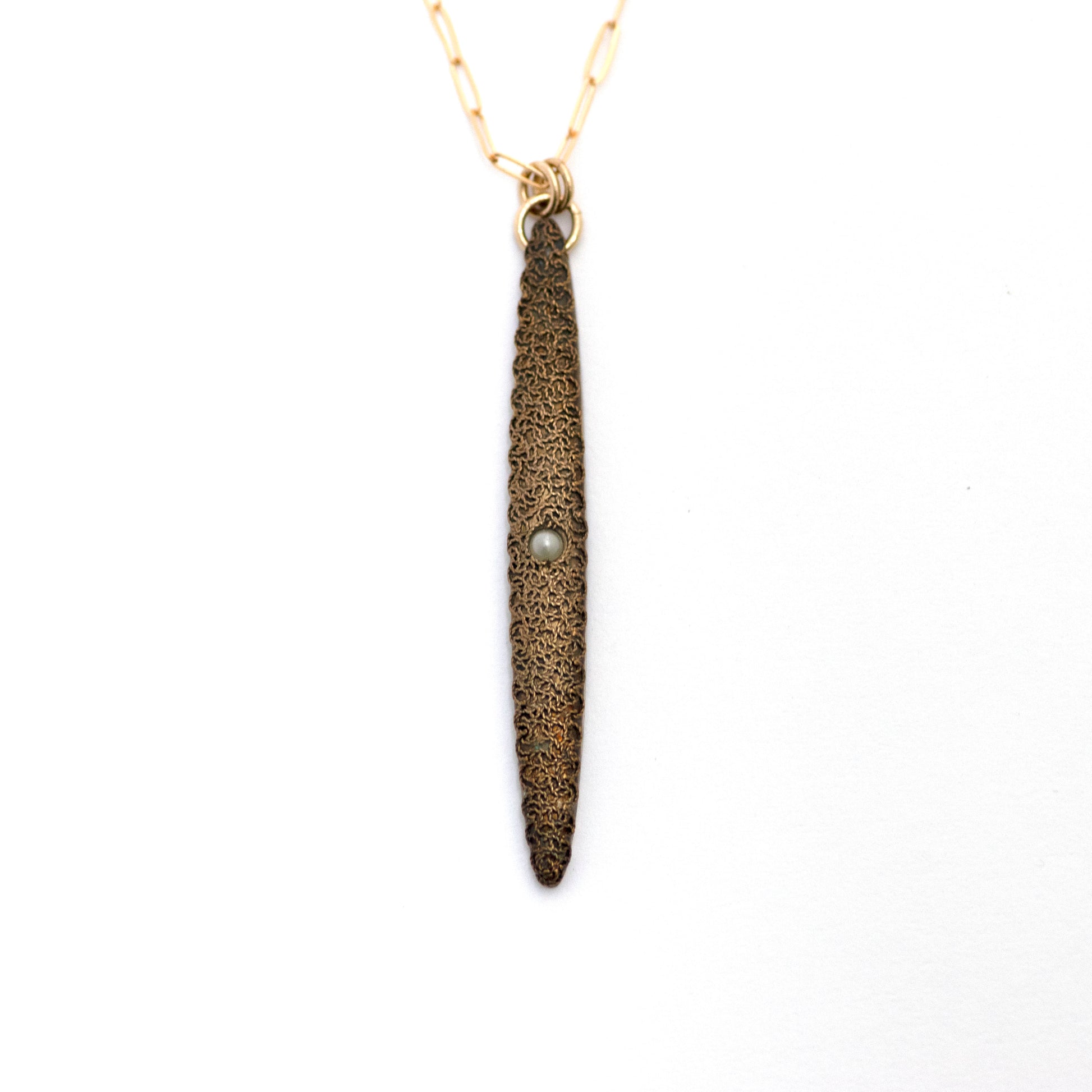 Seed Pearl Filigree Etruscan Revival Vertical Bar Necklace on a 14k yellow gold filled paperclip style chain